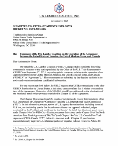 A formal letter from the U.S. Lumber Coalition to the U.S. Trade Representative regarding the U.S.-Mexico-Canada Agreement, dated November 3, 2025, with comments and references.