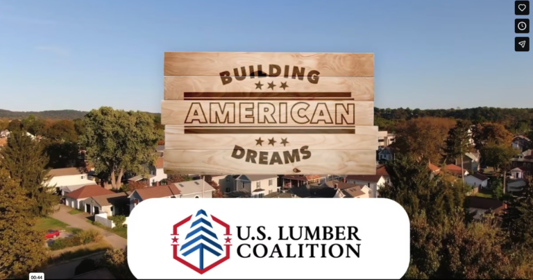 A neighborhood is shown from above with a wooden sign reading "Building American Dreams" and the U.S. Lumber Coalition logo overlaid at the bottom.