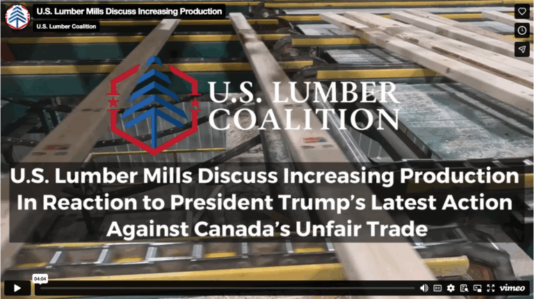 Still image from a video showing lumber planks on a conveyor belt, overlaid with the U.S. Lumber Coalition logo and text about U.S. mills responding to trade actions against Canada.