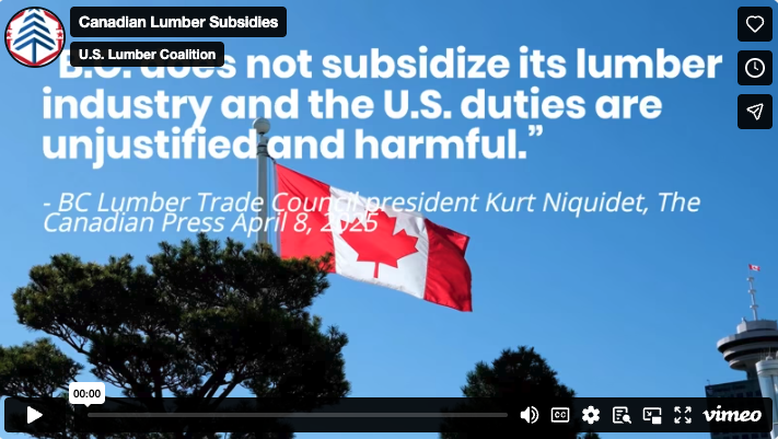 A Canadian flag waves on a flagpole in front of trees and a blue sky, overlaid with a quote about lumber industry subsidies and U.S. duties.