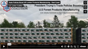 Stacks of lumber wrapped in packaging are loaded on a train with trees and a cloudy sky in the background; text overlays discuss U.S. trade policies boosting forest products manufacturing.
