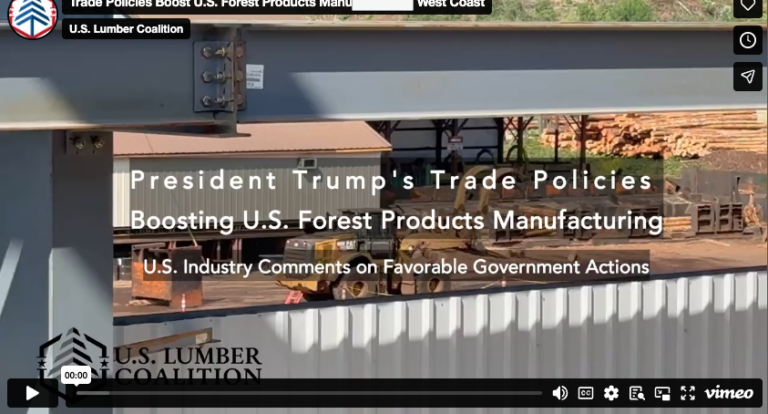 Still image from a video showing industrial equipment and a container with text overlay about President Trump’s trade policies boosting U.S. forest products manufacturing.